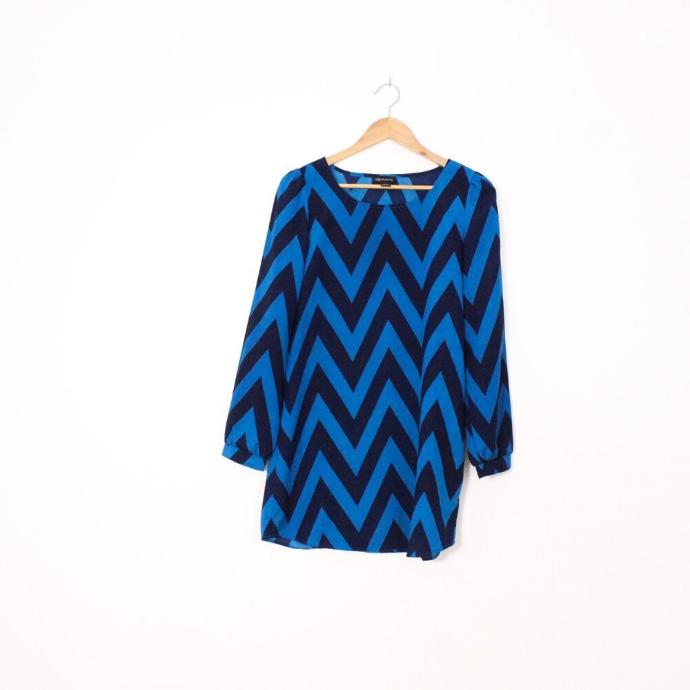 *Seduction Zig Zag Patterned Blue Long Sleeve Mini Dress
